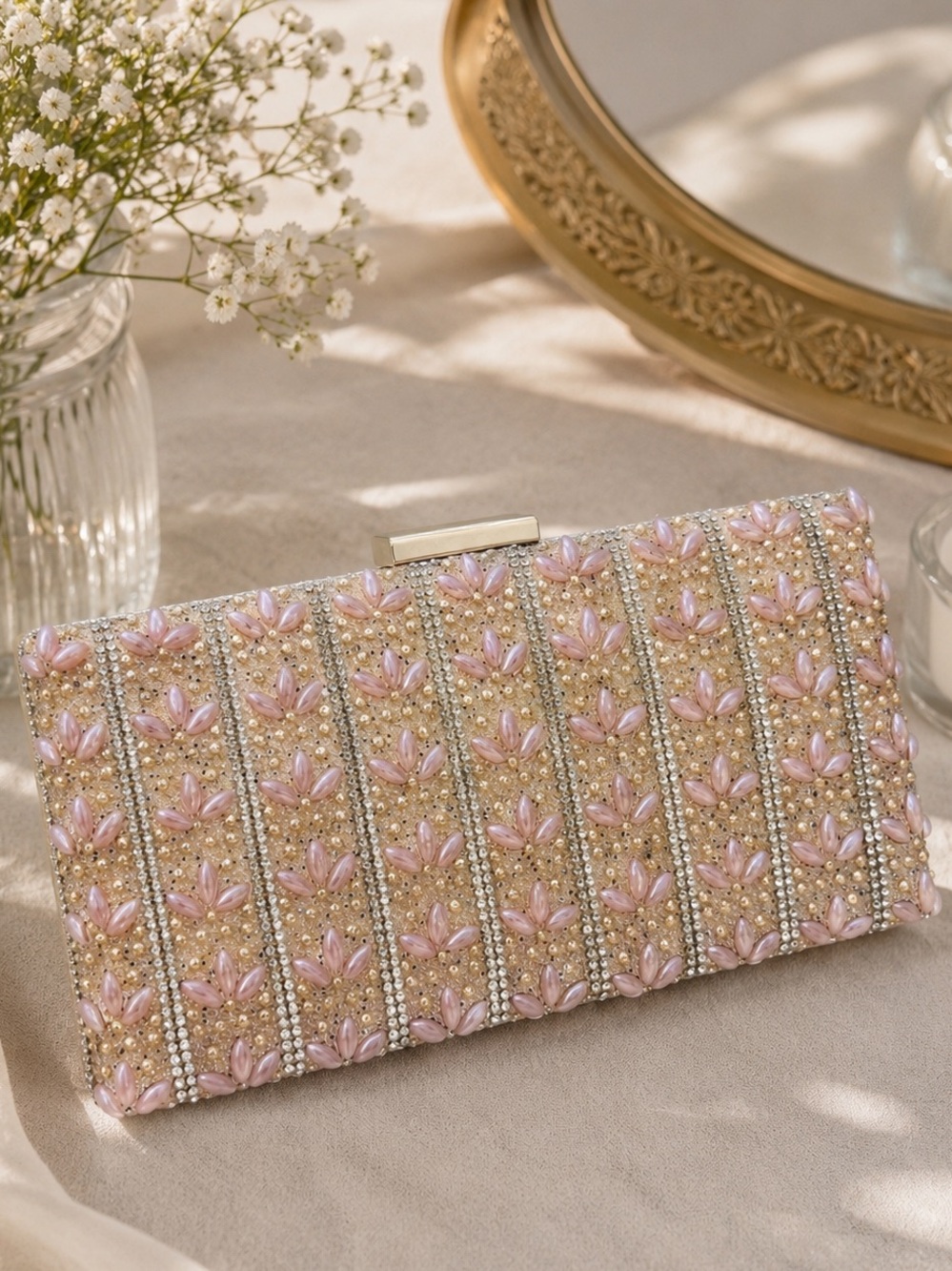 Nina Pink Beaded Pearl Clutch Rhinestone Rose Gold Evening Bag Crossbody Bridal